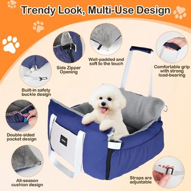 Автомобільний лежак для собак 3-в-1 - переносна ліжко для маленьких собак, з м'яким килимком, для переднього або заднього сидіння, внутрішнє та зовнішнє використання (04-Блакитний)