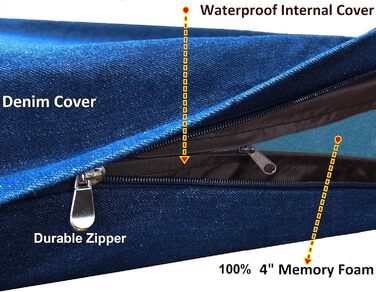 Ортопедичне ліжко для собак dogbed4less з меморі-піни, водонепроникне, знімний джинсовий чохол, для середніх і великих порід, розмір 94×68×10 см
