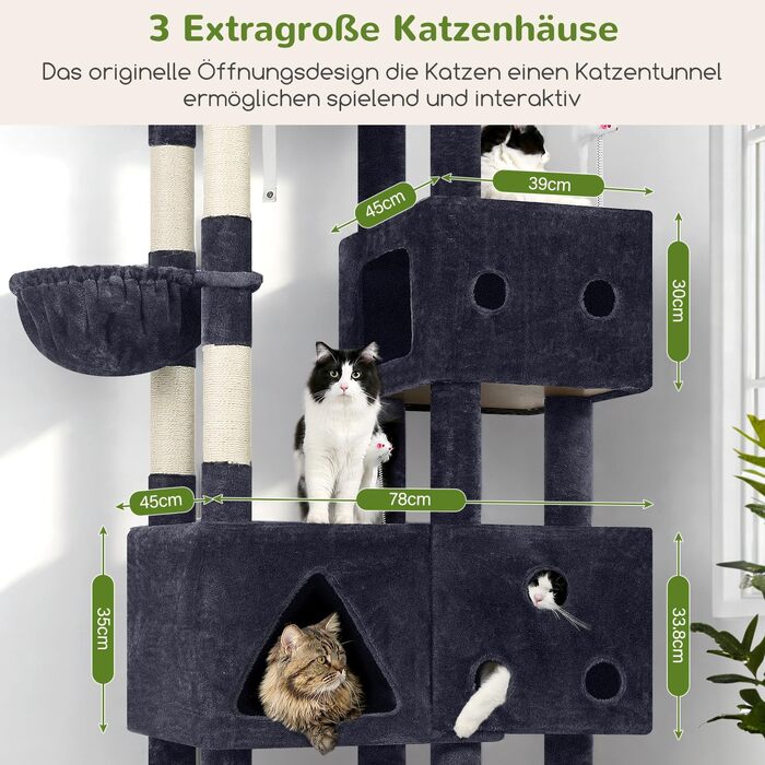 Комплекс для котів Globlazer XXL 207 см з будиночком 45x35 см, платформами, стовпчиками обмотаними сизалем (8 шт.) для великих котів, темно-сірий