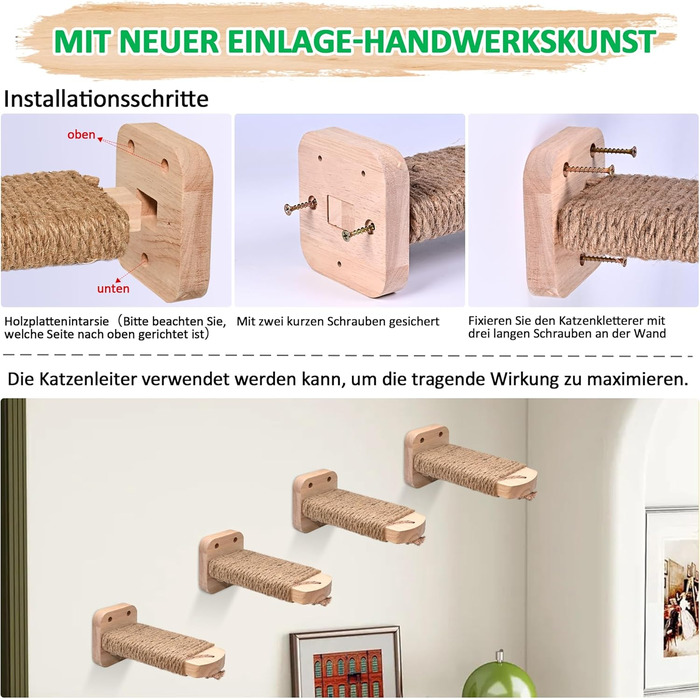 Сходинка для котів SIYUNTECH® на стіну (4 шт.), ігровий комплекс для котів, з дерев'яною платформою, з масивного гумового дерева 2 см, для лазіння та ігор, максимальне навантаження 35 кг, жовтий, 4 шт.