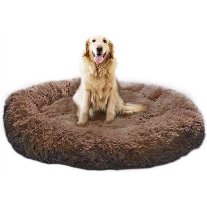 М'яке ліжко-софа для собак Deluxe, кругла, з плюшу, 60 см, коричнева. Підходить для великих та екстра-великих собак та котів. З вологостійким дном.