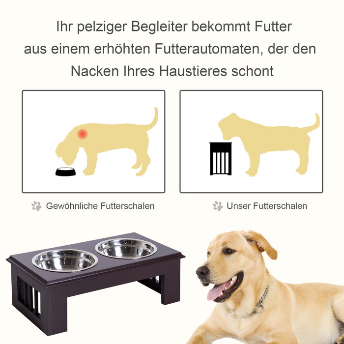 PawHut Dog Bowl Набір з 2 мисок для їжі з нержавіючої сталі, піднята миска для кішки, МДФ, проста в обслуговуванні, кава, 44x24x15см| Аосом