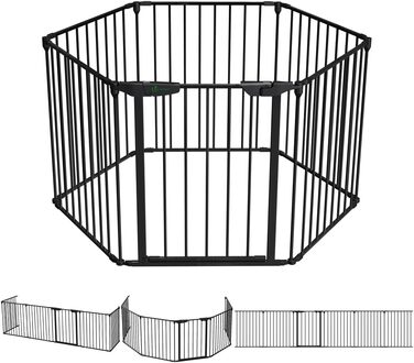 Захист для каміну Vounot - сітка металева, 5 елементів, з дверцятами, чорна 300x75 см (375 см у складеному стані)