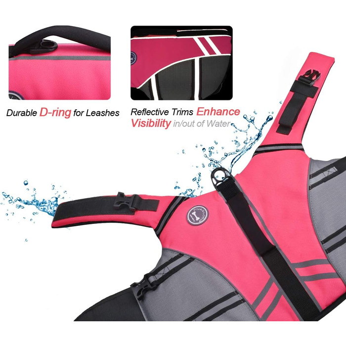 Жилет для плавання собаки VIVAGLORY, спортивний стиль, для човнів, S/M (56-64 см окружність грудей, Neon-Rosa)