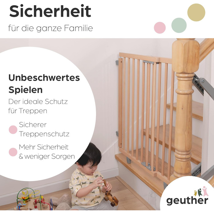 Захист для сходів Geuther Oris | Дверний захист для сходів з кріпленням, ширина 67-95 см | Стабільний захист з розпашною дверцятами | Дерев'яне дитяче гiтер, натуральний лак 67-95 см