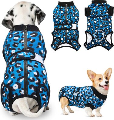 Комбінезон для собак після операції, захист від лизання, дихаючий, з блискавкою, альтернатива електронного нашийника, для собак після кастрації/стерилізації (Леопардовий принт-блакитний, L)