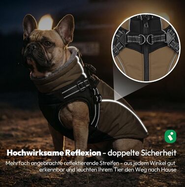 Зимовий теплий одяг для собак - куртка для маленьких собак, водонепроникна, світловідбиваюча, для активного відпочинку, S (обхват грудей 44 см), Колір: Коричневий