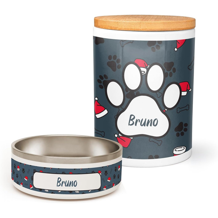 PICANOVA Набір миски та контейнера для ласощів для собак з іменем - Персоналізований набір у різдвяному дизайні. Керамічний набір миски та контейнера для ласощів як подарунок для власників домашніх тварин. Дизайн Candy Bones (набір Санта-шапок)