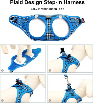 Нашийник для собак маленьких порід з повідком, анти-тягнучий, світловідбиваючий, дихаючий, нагрудник для цуценят (S, обхват грудей: 29-33см) (Синій в клітинку, XL (обхват грудей: 46-53см, вага: 8-10.5кг))