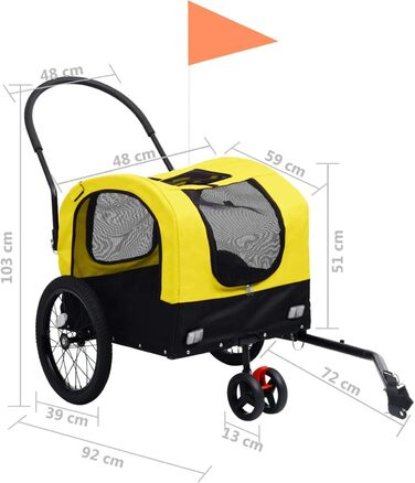 Універсальний причіп-коляска 2-в-1 Tidyard для велосипеда та бігу, для собак, жовто-чорний, Oxford, 63,5 x 143 x 103 см