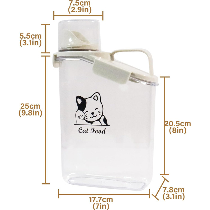 Контейнер для котячого корму 2.8L: герметична вантажниця для сухого корму з ручкою та мірним стаканчиком, BPA-free, прозора, для подорожей, 1391-Cat