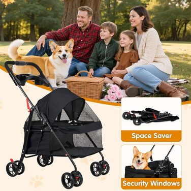 Візок для тварин для маленьких собак і котів, складаний, 4 колеса, легкий, з дихаючим мережем та тримачем для напоїв, чорний