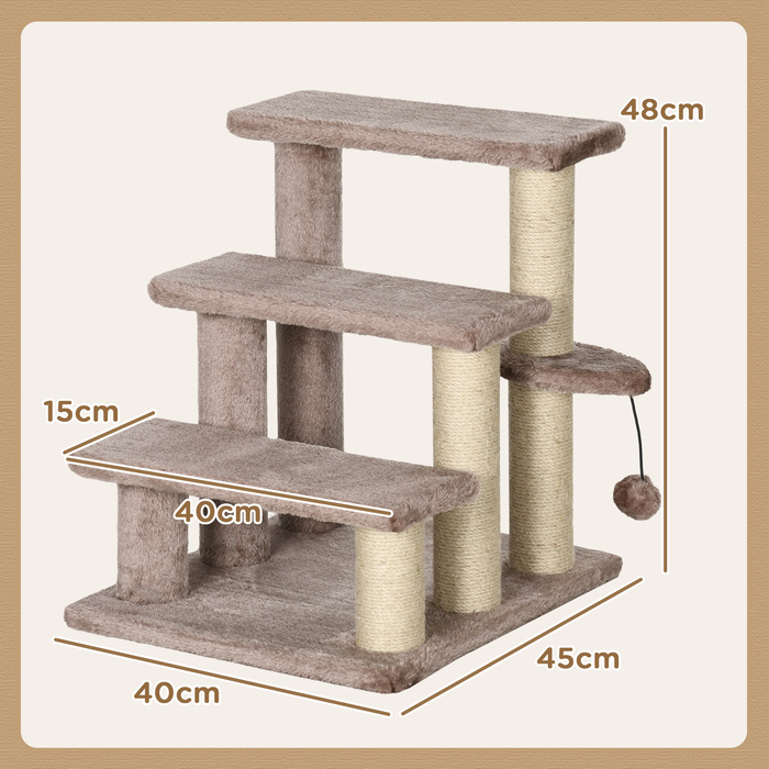 PawHut Cat Stairs Сходи для домашніх тварин для котів та собак 3 сходинки з кігтеточками Play Ball Plush Brown 45x40x48см для більшого комфорту