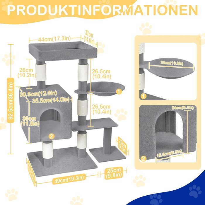 Драбина-кіготь для котів Naizy K1276, сіра, 49x41x93 см - XXL, з сизалевими стовпцями та будиночком