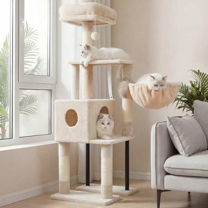 Комплекс для котів Heybly Kratzbaum 125 см: Дряпка-стовпчик з будиночком, полицями та іграшкою, бежевий
