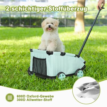 Складаний візок для маленьких тварин: візок-шопер з кишенькою, зручний ручка-телескопічний тягач, м'яке ліжко та страхувальний ремінь (Темно-зелений, Блакитно-зелений)