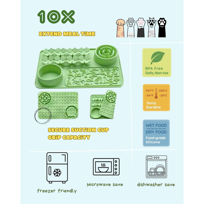 Силіконовий килимок проти протікання та миска для повільного годування собак та котів - килимок-нюхалка з присосками для собак та котів - повільне годування, тренування нюху, складаний портативний миска для корму (Зелений)