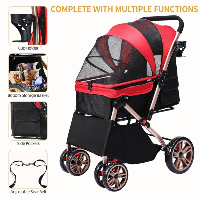 Візок для собак DWVO 3-в-1: візок, переноска, сумка. До 22 кг, EVA-колеса, сітчасті вікна, червоний (58.5x76x105 см)