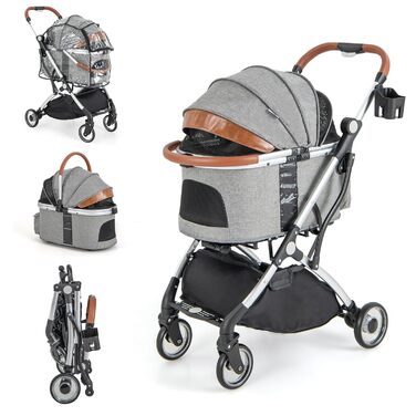 GYMAX 2-в-1 Візок для собак, візок для домашніх тварин з захистом від дощу, візок для собак з кошиком для зберігання та тримачем для напоїв, складний візок-переноска для собак та котів