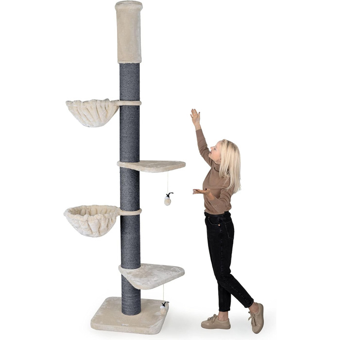 Кігтеточка HAPPYPET 'Леонардо' XXL для великих котів, 250-275 см, товсті стійкі стовпи, великі лежанки до 20 кг, гніздо, сертифіковане дерево, кігтеточка для Мейн-кунів та Регдоллів, сірий/кремовий колір