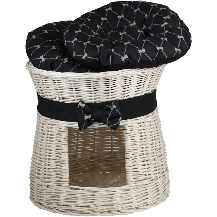 Кругла котяча хатинка e-wicker24 з плетеної лози, двоярусна, з подушкою та стрічкою, котячий будиночок (кремовий/чорний)