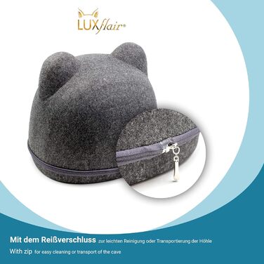 Luxflair Стабільний фетровий будиночок для котів з вушками, 38x42x36 см, темно-сірий, з подушкою, для котів і малих собак, праний