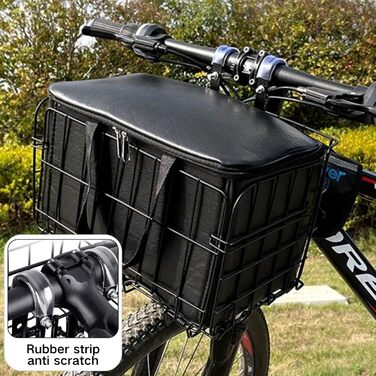 Складаний велосипедний кошик SUQ з чорною нейлоновою сумкою, сталева велосипедна корзина, для тварин, покупок, подорожей, кемпінгу та відпочинку на природі (Чорний)