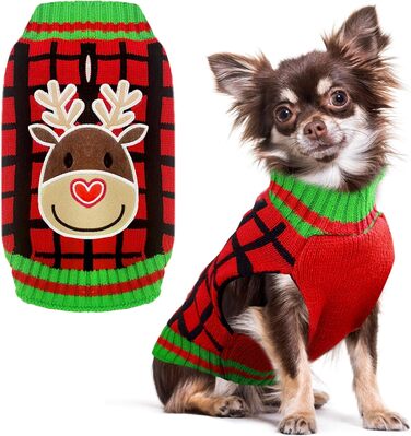 Теплий святковий пуловер для собак з отвором для шлейки, червоний в клітинку, олень. Підходить для малих, середніх та великих собак, котів. Ідеальний для осені та зими.