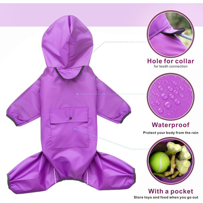 Водонепроникний дощовик для собак Idepet, дощова куртка для собак, захист від вітру та води, з капюшоном, зелений (M, Lila)