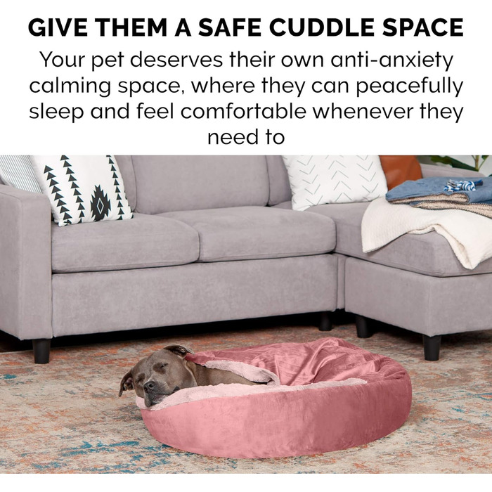 Кругла лежанка для собак Furhaven Donut з капюшоном, рожевий колір, розмір Small (61x61x18 см), плюш, вельвет, для заспокоєння, миється