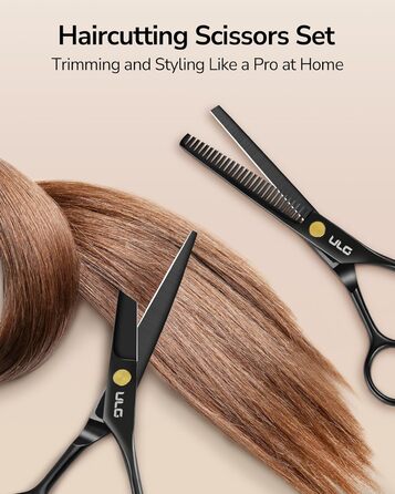 Професійний набір для стрижки волосся ULG - професійні барберські ножиці 16,5 см з японської нержавіючої сталі, витончуюча ножиця, гребінець, затискачі та етилуі - для чоловіків, жінок, дітей, чорний