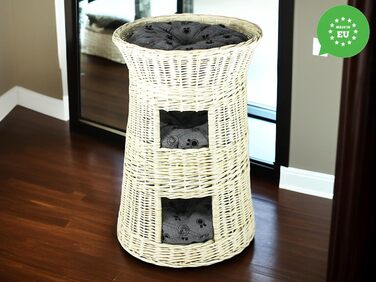 Кігтеточка-ліжко для котів: кругла хатинка, плетений будиночок з лози, триярусне ліжко для собак та котів, колір – білий, з сірим подушечком