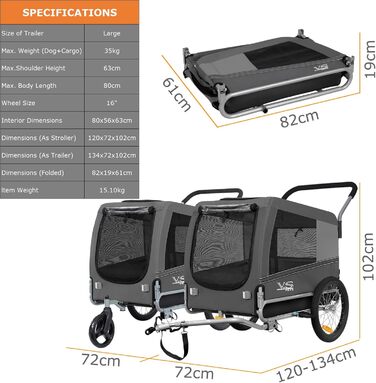 Візок для собак Tiggo VS Pets 2-в-1: візок та велосипедний причіп, сірий, об'єм 270 л, до 35 кг