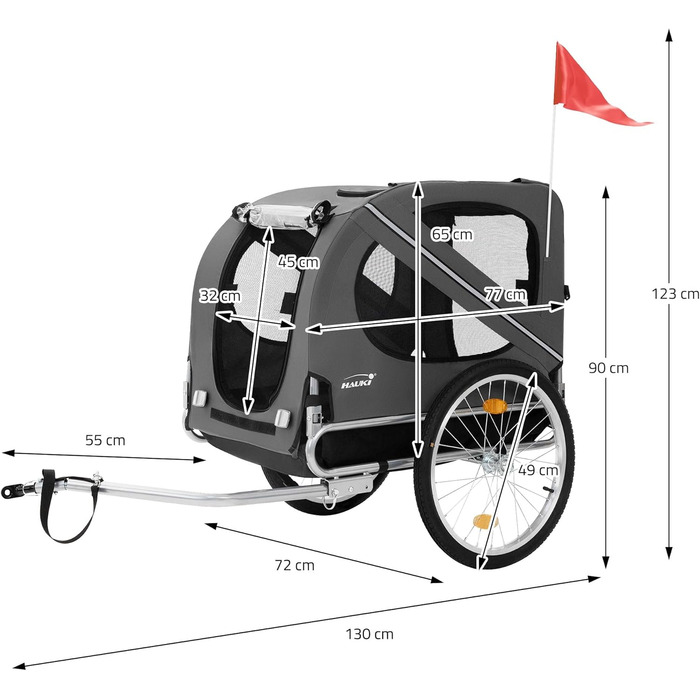 Фаркоп-причіп для велосипеда Hauki 2-в-1: для собак та дітей, сірий, 130x72x90 см, до 40 кг, з відбивачами, мотузкою та прапорцем