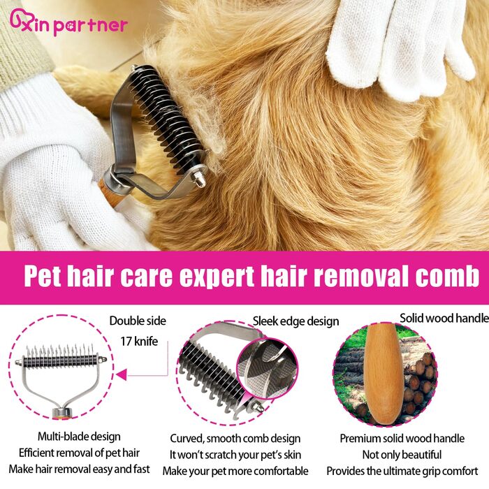 Гребінець для вичісування домашніх тварин (собак та котів) з дерев'яною ручкою, гребінець для видалення підшерстка з нержавіючої сталі, гребінець для собак для розплутування випадіння шерсті, для всіх типів шерсті