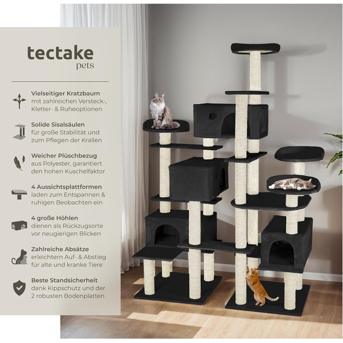 Велика когтеточка для котів tectake®, XXL котячий комплекс з 4 будиночками, ігрова вежа з сизалевими стовпами, аксесуари, настінне кріплення, чорна