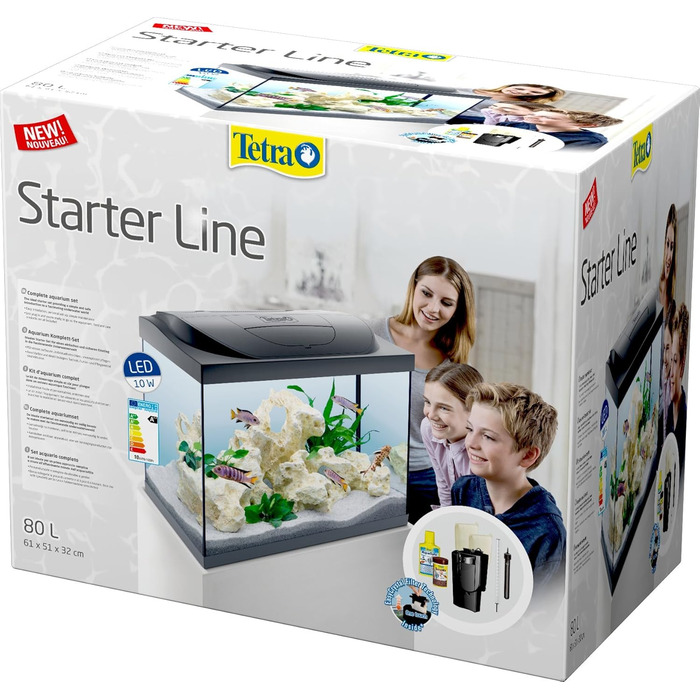 Tetra Starter Line 80 л Акваріумний комплект з LED-підсвіткою, чорний, набір для початківців з обладнанням, кормом та засобами догляду, 80 літрів
