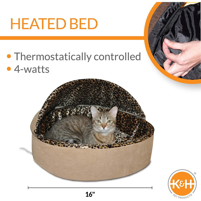 Підігріте ліжко для котів K&H Thermo-Kitty, 40,6 см, 4 Вт, світло-коричневе, леопардовий принт
