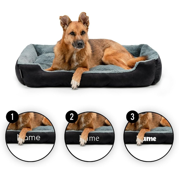 Килимок для собак Lionto з двостороннім подушками та неслизьким дном, міцний лежак для домашніх тварин з глибоким входом, підходить для собак та котів будь-якого віку, 50x37 см, м'який лежак для собак, (Д 90 x Ш 70 x В 20 см (з нанесенням імені), чорний/с
