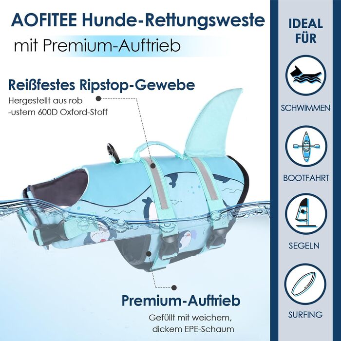 Жилет для плавання собак AOFITEE, блакитний, XS (Small), для маленьких, середніх та великих собак, з ручкою та світловідбиваючими смугами