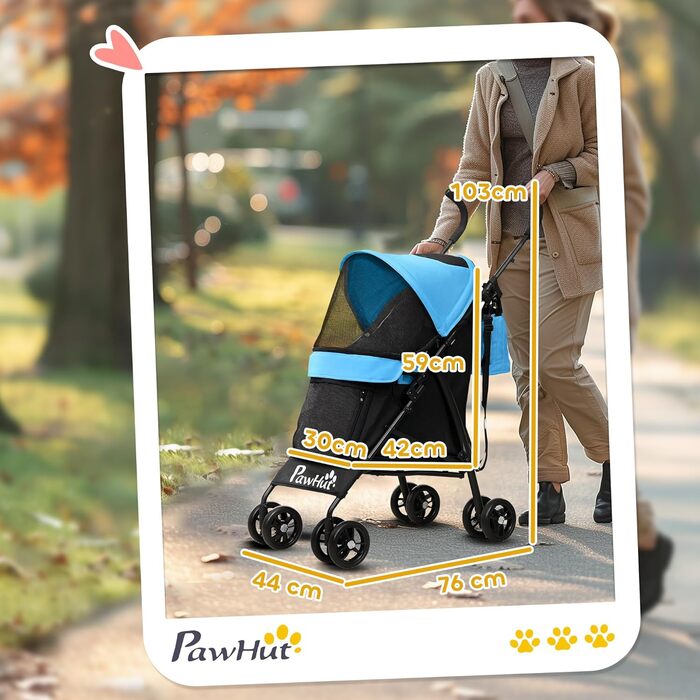Візок для собак PawHut з вітрозахистом, складний, з миючим подушкою, тримачем для чашок, сітковими вікнами та кишенею для зберігання, блакитний