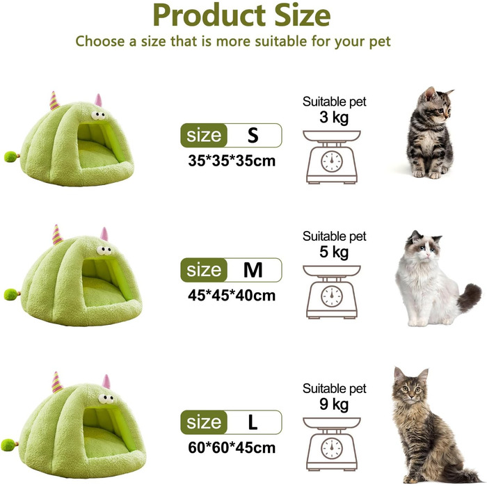 Кішка-будинок Galatée, тепле ліжко-будинок для котів та собак, м'яке ліжко для собак, затишний іглу для собак, миле картун-кімнатко для котів, ліжко для домашніх котів (L, Зелений) L Зелений