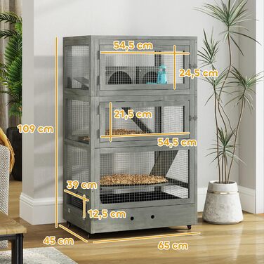Клітка для хом'яків PawHut з дерева 65x45x109 см, 4-рівнева з будиночками, гіркою, піддоном, мисками, замком, рампами і колесами, сіра