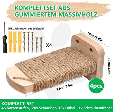 Сходинка для котів SIYUNTECH® на стіну (4 шт.), ігровий комплекс для котів, з дерев'яною платформою, з масивного гумового дерева 2 см, для лазіння та ігор, максимальне навантаження 35 кг, жовтий, 4 шт.