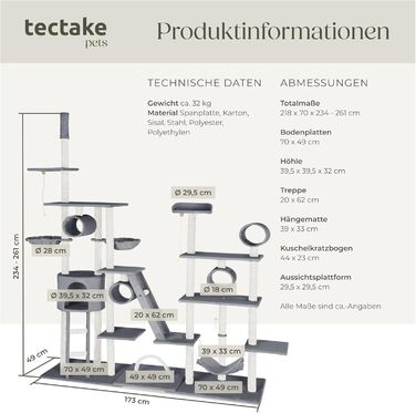 Драбина-кіготь Tectake Snooky | Ігровий центр для котів з багатоярусною драбиною та будиночком | Сірий колір, артикул 403917