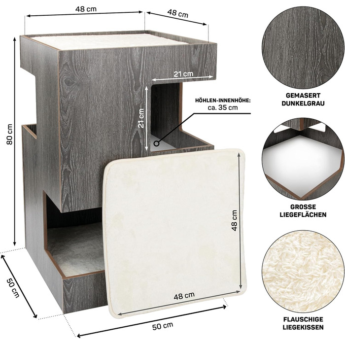 Преміум будиночок для котів з дерева, замок-вежа з лежаками, 50x50x80 см, антрацит