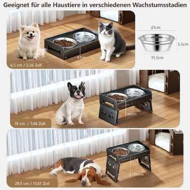 Підвищений годівниця для собак з 3 рівнями – 2 великі миски з нержавіючої сталі для маленьких, середніх та великих собак (Сірий)