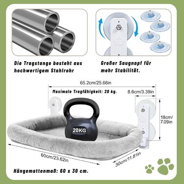 Кішка ліжко на вікно Casgee 60x30 см, гамак для котів з міцними присосками, ліжко для котів на вікно, складане ліжко для котів на вікно, підходить для котів вагою до 20 кг, гамак для котів на вікно (з великим ліжком для котів, сірий)