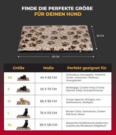 Лежак для собак HS-Hundebett® M 65x95 см, двосторонній, зручний, з 3 см наповнювачем, для дивану, авто та клітки, бежевий з лапкою, вироблено в Німеччині