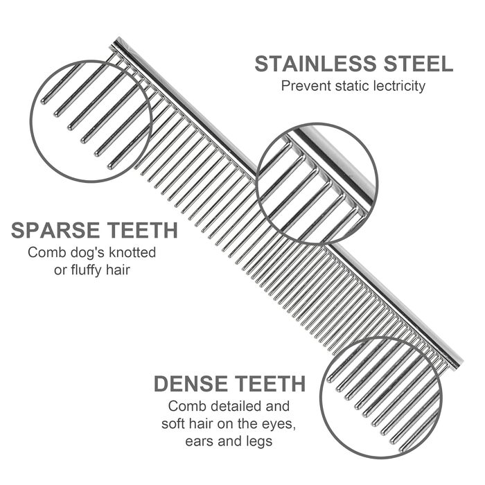 Гребінець для собак та котів, нержавіюча сталь, заокруглені зубці, 19 x 3,5 см (сріблястий)